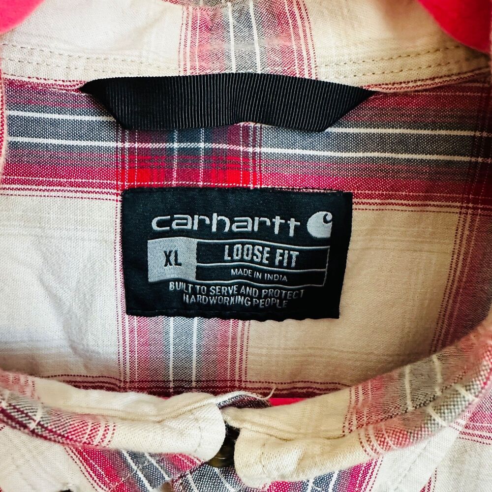 Carhartt XL Short Sleeve Plaid Shirt Red White Loose Fit Workwear Button Up - Picture 2 of 8